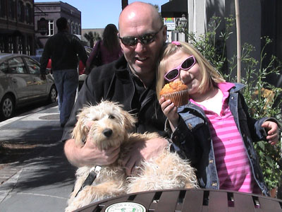 Stewart, Emma and Crumpet at a wine bar in Charleston 07