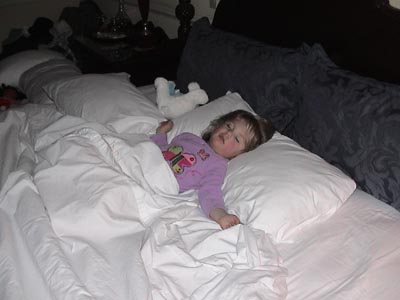 We return to hotel after dinner with Nick to find that Emma has taken over the four poster bed !!