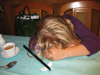 Emma collapses at the dinner table, I cannot blame her - it's Day 1 and around 7:45pm in China Town