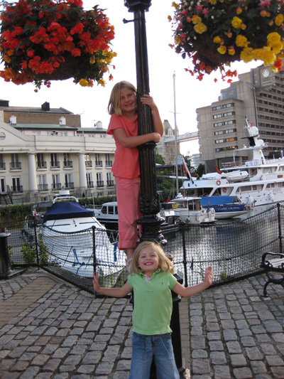 Emma and Olivia at St Katherine Dock, early evening day 2 - kids still full of energy