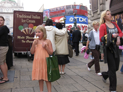 Still day 1; we leave Harrods and move to Piccadilly Circus, Emma loves the Ice Creams