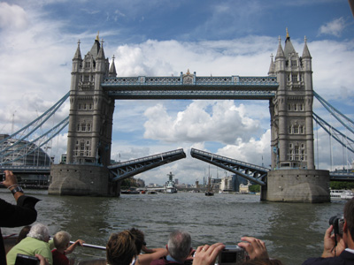 We take a cruise along the Thames, lucky to see Tower Bridge open for boats, classic view